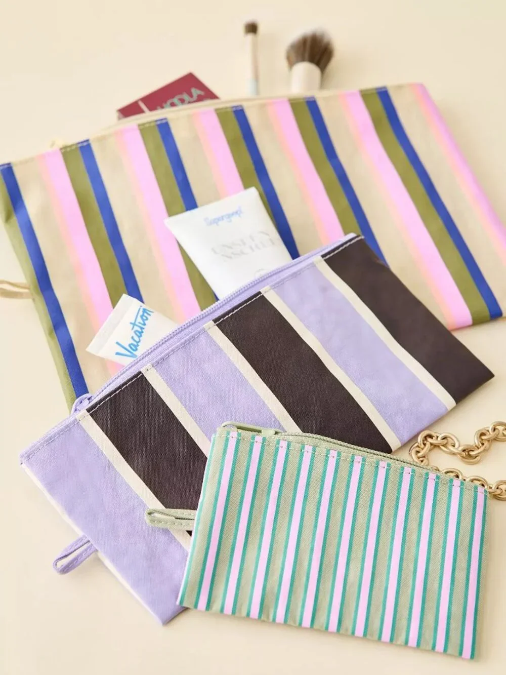 NWT Baggu Flat Pouch Set - Candy Shop Stripes